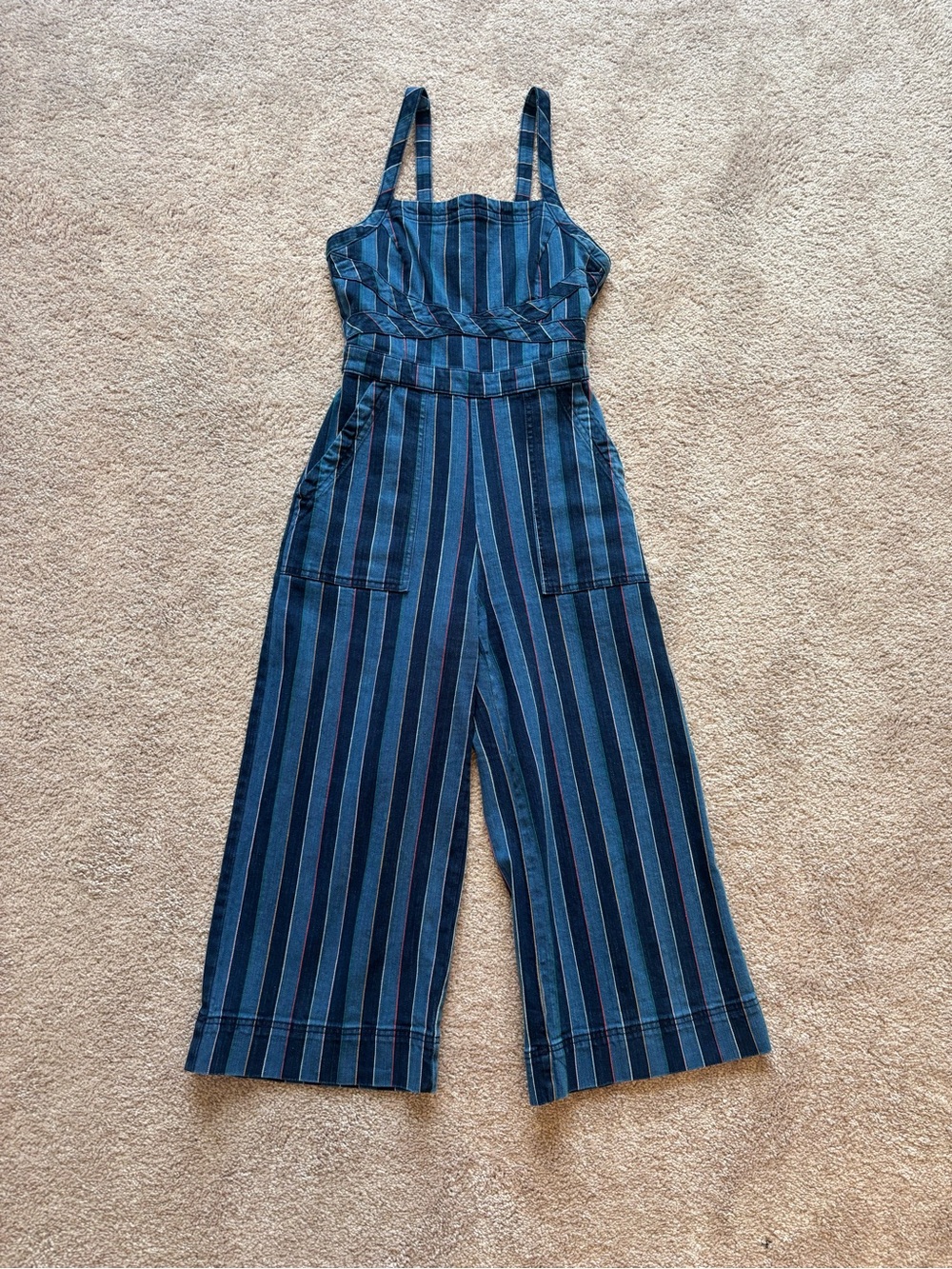 Anthropologie Navy and Blue Striped Wide-Leg Jumpsuit